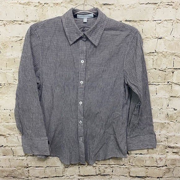 Foxcroft Black White Plaid Crinkle Fitted Stretch Button Up - Picture 1 of 4